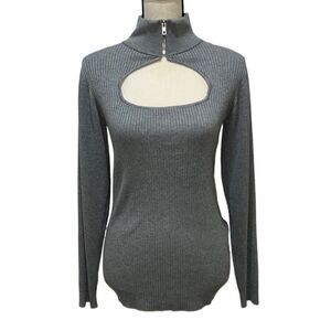 Ashley Stewart Mock Neck Zip Detailed Ribbed Knit Sweater